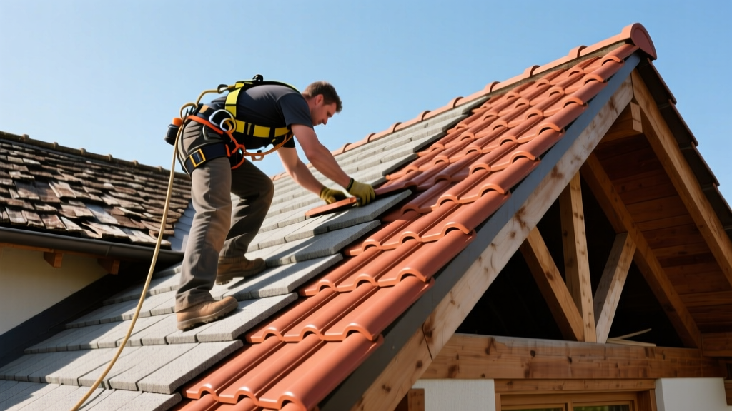 Roofer in safety harness aligning heavy terracotta clay and grey concrete roof tiles on a steeply pitched residential timber frame