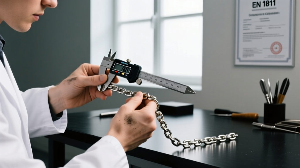 Jeweler using digital calipers to measure a steel chain link, with an EN 1811 compliance certificate blurred in the background.