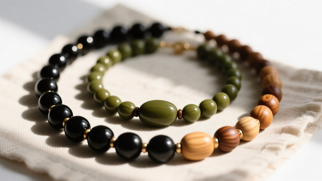 Ebony, olive, and sandalwood bead necklaces on linen cloth, lit by warm morning sunlight, top-down macro jewelry photography