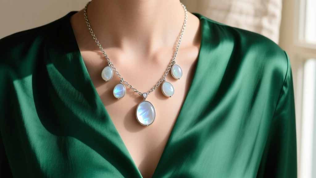 Close-up of a silver festoon necklace with moonstone drops draped over a deep V-neck emerald green silk blouse in soft lighting.