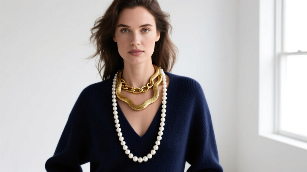 Woman wearing a 16-inch J.Crew pearl strand layered with a 20-inch gold snake chain over a deep navy V-neck cashmere sweater