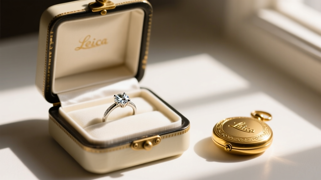 Open archival jewelry box lined with acid-free tissue, holding a vintage diamond ring and gold locket under warm gallery lighting