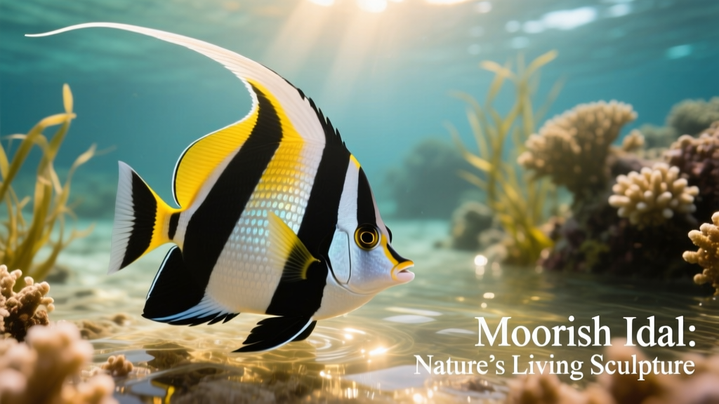 Close-up of a Moorish idol showing its distinctive black-white-yellow banding and elongated dorsal fin