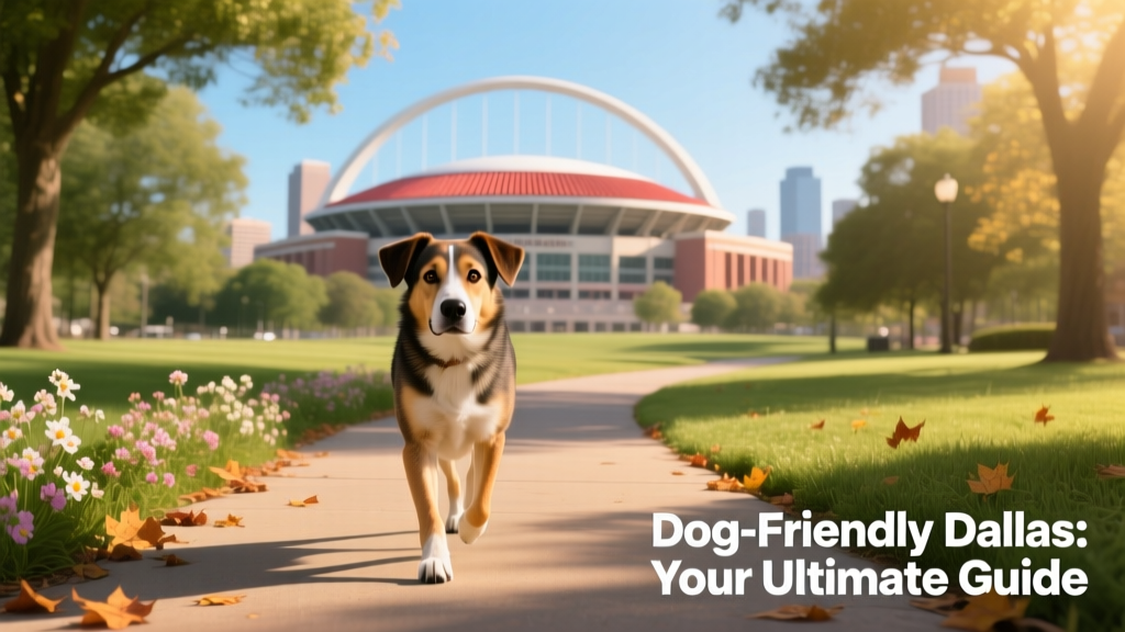 a dog walking along a park path toward the camera with Cotton Bowl stadium visible in the background