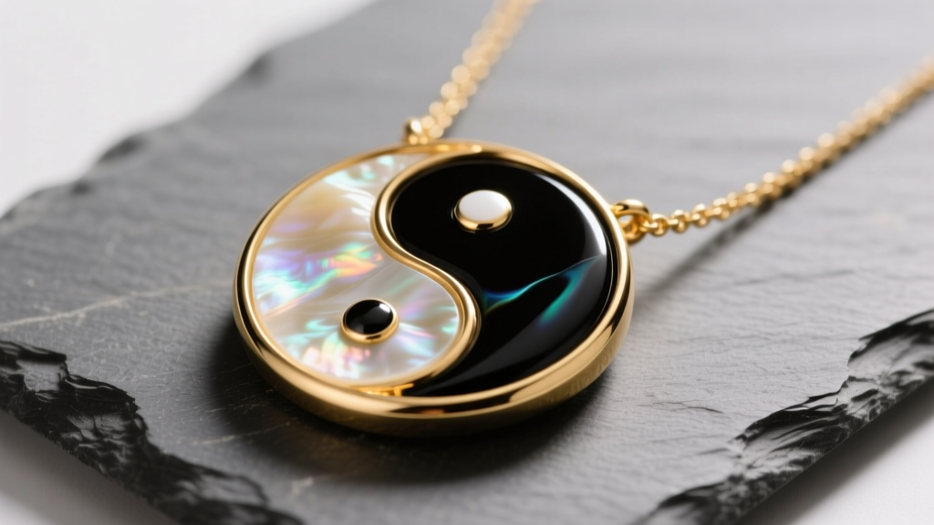 14k gold yin and yang necklace on slate with black onyx and mother-of-pearl inlay, lit by soft warm directional studio lighting