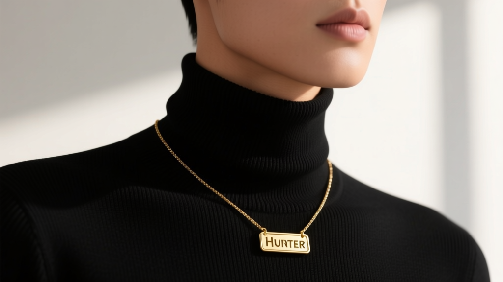 Person wearing a minimalist gold Hunter license necklace over a black turtleneck sweater, photographed from the collarbone up