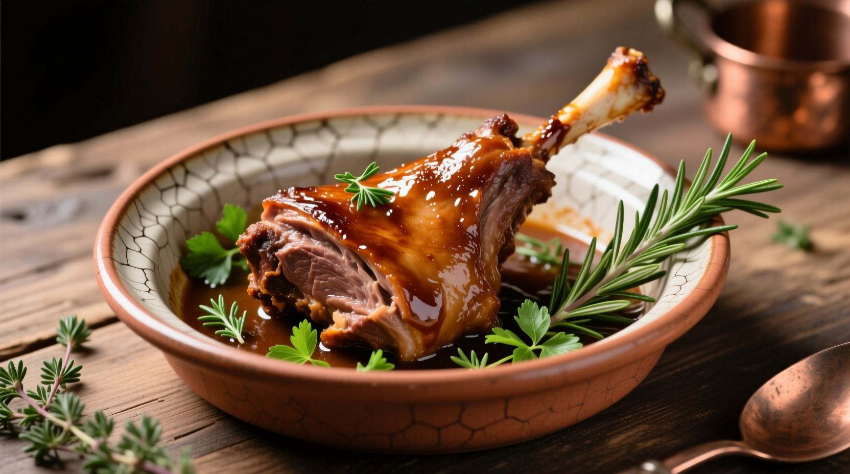 Braised lamb shanks in ceramic dish with herbs