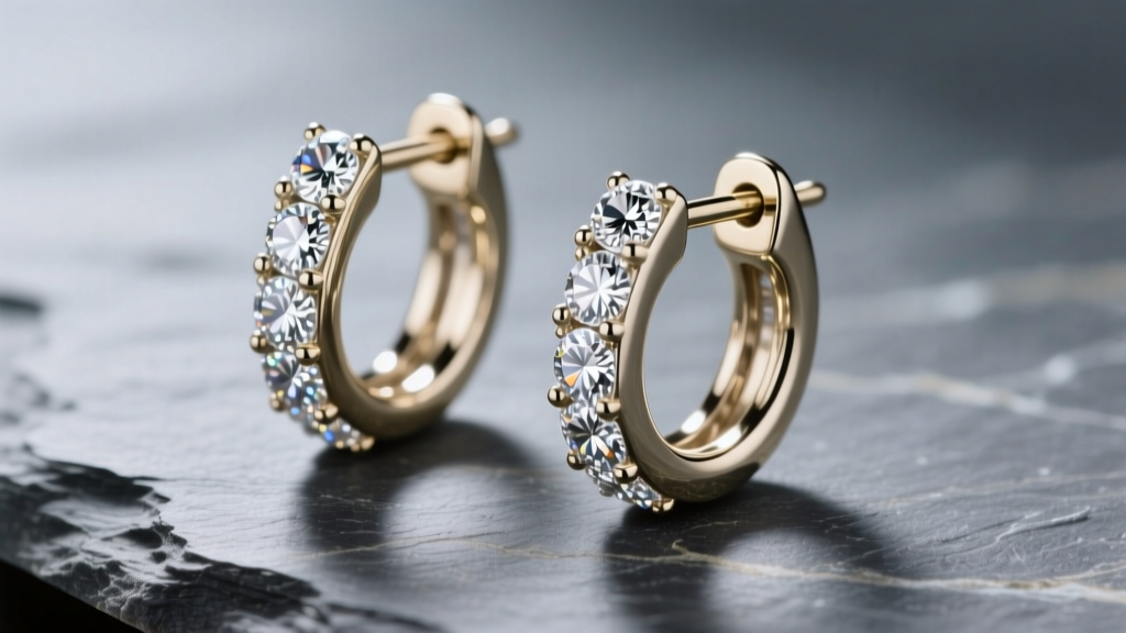 Macro shot of 14k white gold diamond huggie earrings on slate, showing micro-pave stones and a polished snap hinge clasp.
