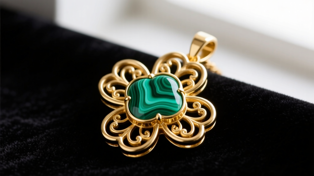 Macro shot of an 18k gold clover necklace designer pendant with natural green malachite, showing irregular banding on dark velvet