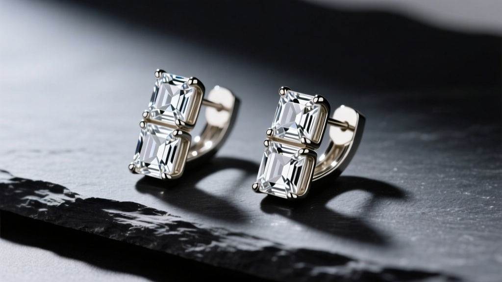 Close-up of Hatley baguette earrings with rectangular step-cut diamonds set in 14k white gold, resting on a dark slate surface