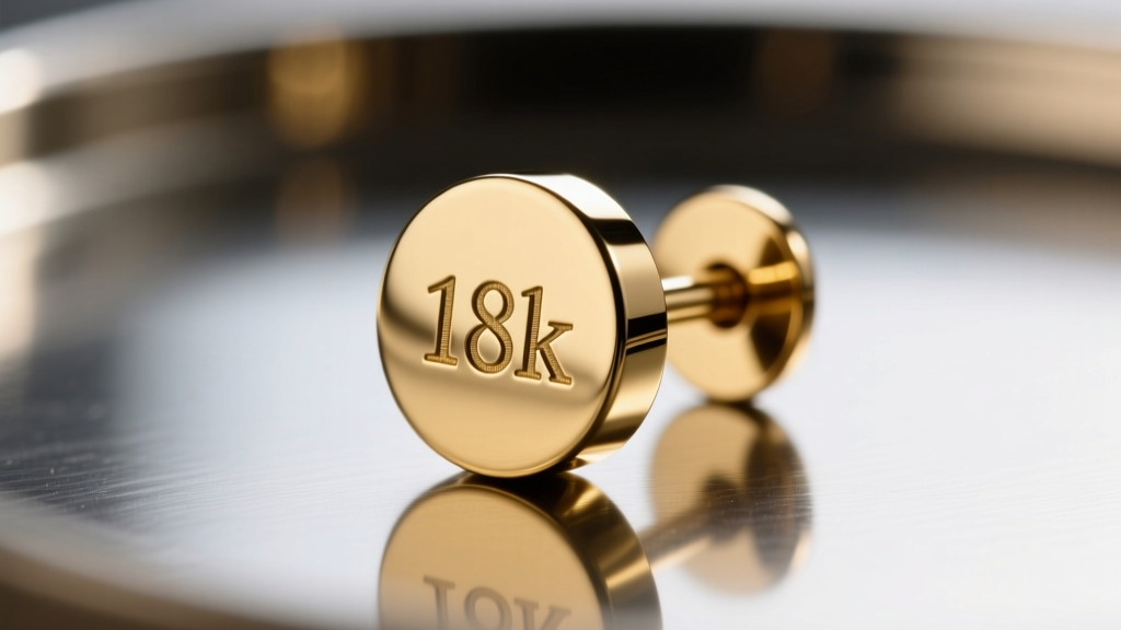 Extreme macro shot of a PVD-coated stainless steel earring post showing the seamless gold finish and laser-engraved 18k stamp.