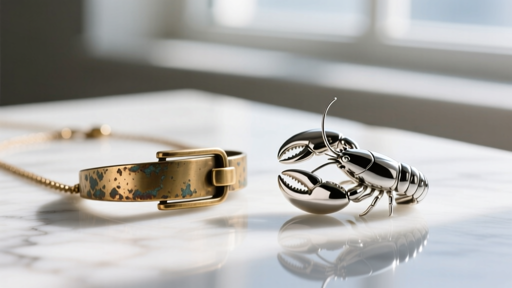 Macro shot comparing a tarnished brass pop-up necklace clasp next to a polished sterling silver lobster clasp on white marble