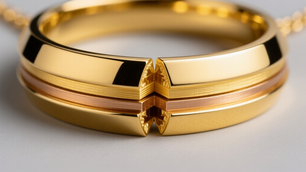 Macro diagram of a gold filled jewelry necklace cross-section, showing the thick 14k outer gold bonded to a jeweler's brass core.