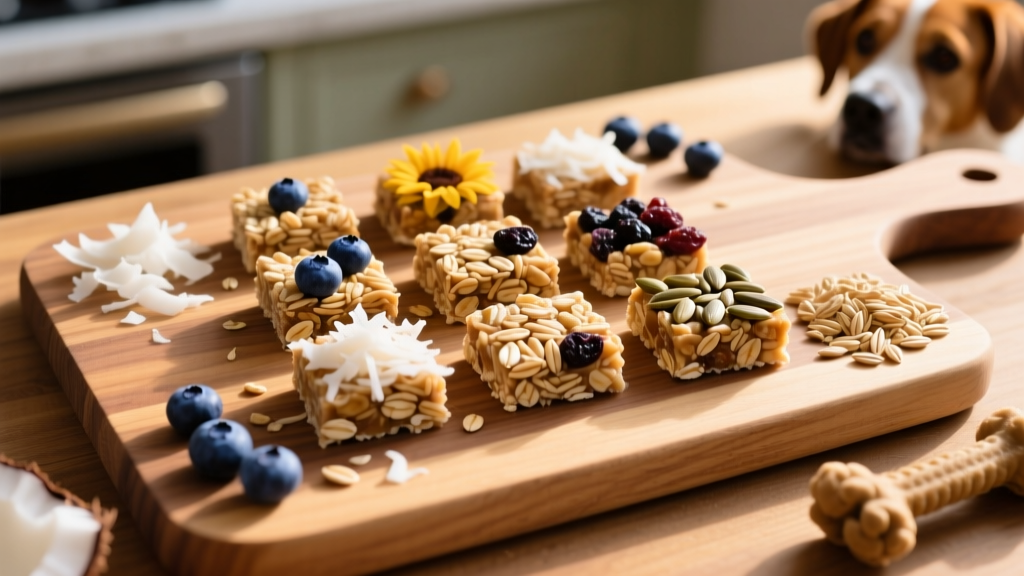 Overhead view of the finished trail mix bars arranged neatly on a wooden cutting board, with ingredients like oats, blueberries, and coconut scattered around