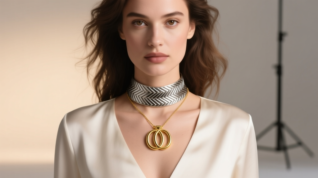 Woman wearing a 16-inch herringbone choker and an 18-inch solid gold double initial pendant resting on her chest.