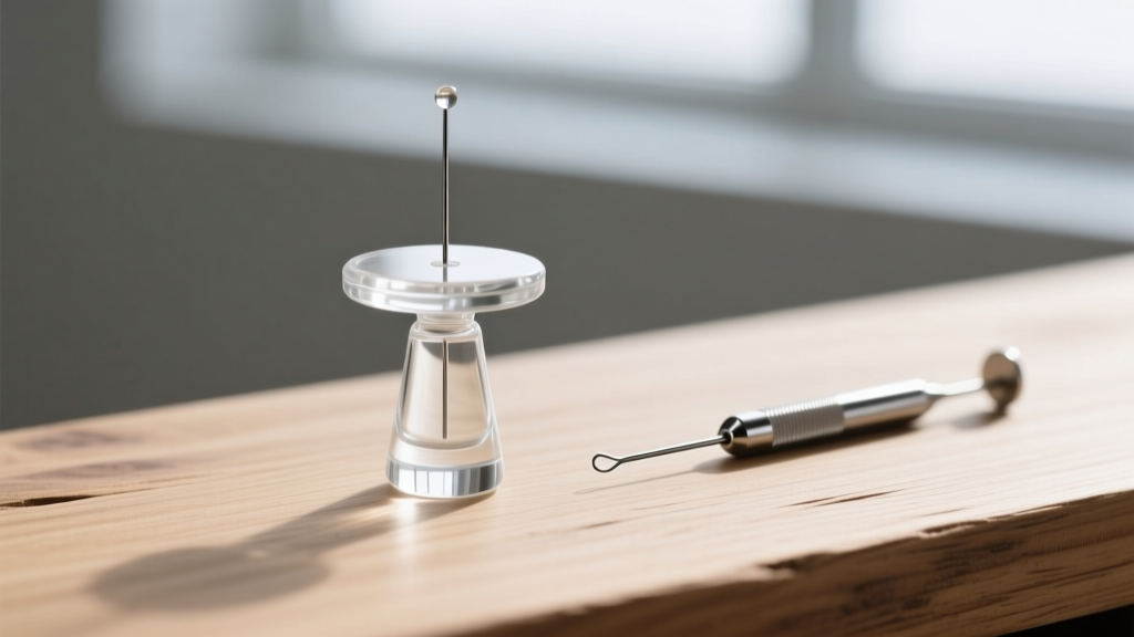 Clear borosilicate glass ear piercing retainer with a flat disc top resting on wood next to a sterile 16-gauge insertion taper