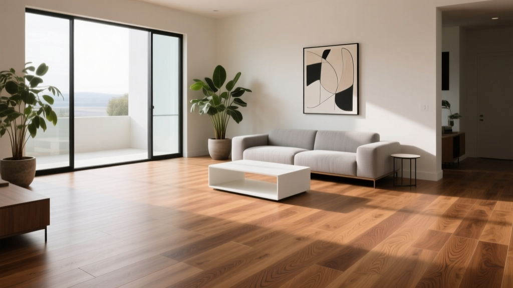 Modern living room featuring a seamless installation of rigid core stone plastic composite faux wood flooring in a warm oak finish