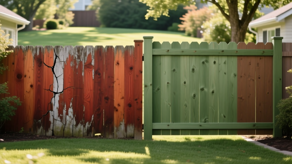 Side-by-side comparison of weathered western red cedar and newly installed pressure-treated pine privacy fence panels in a suburban backyard