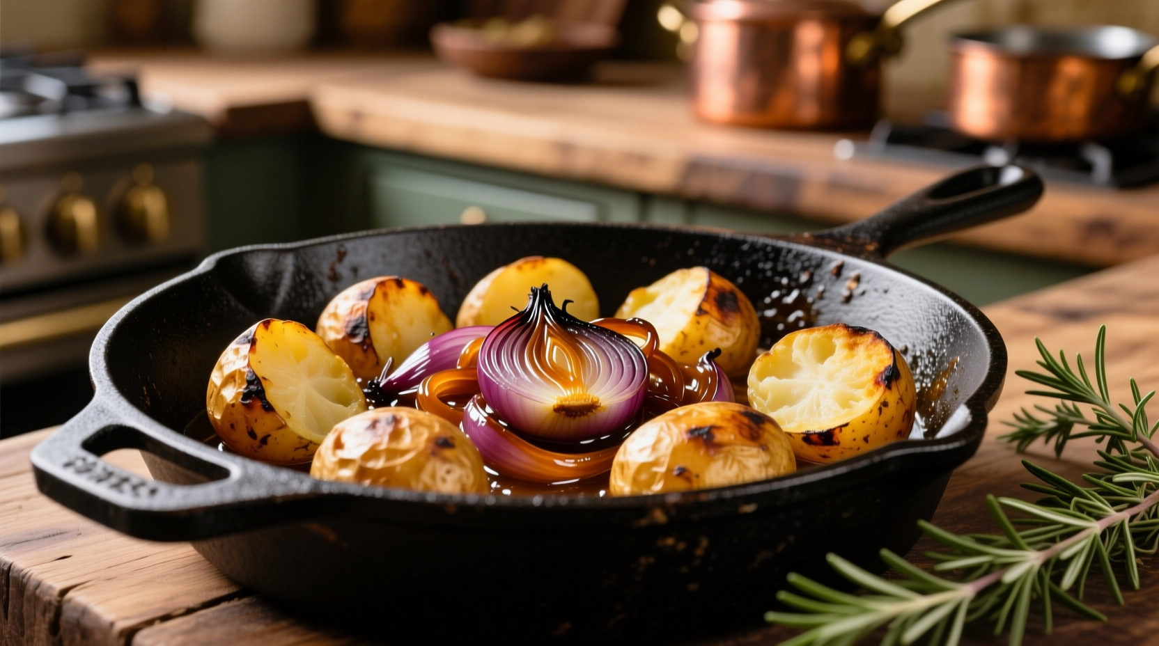 Golden roasted potatoes and caramelized onions in cast iron skillet