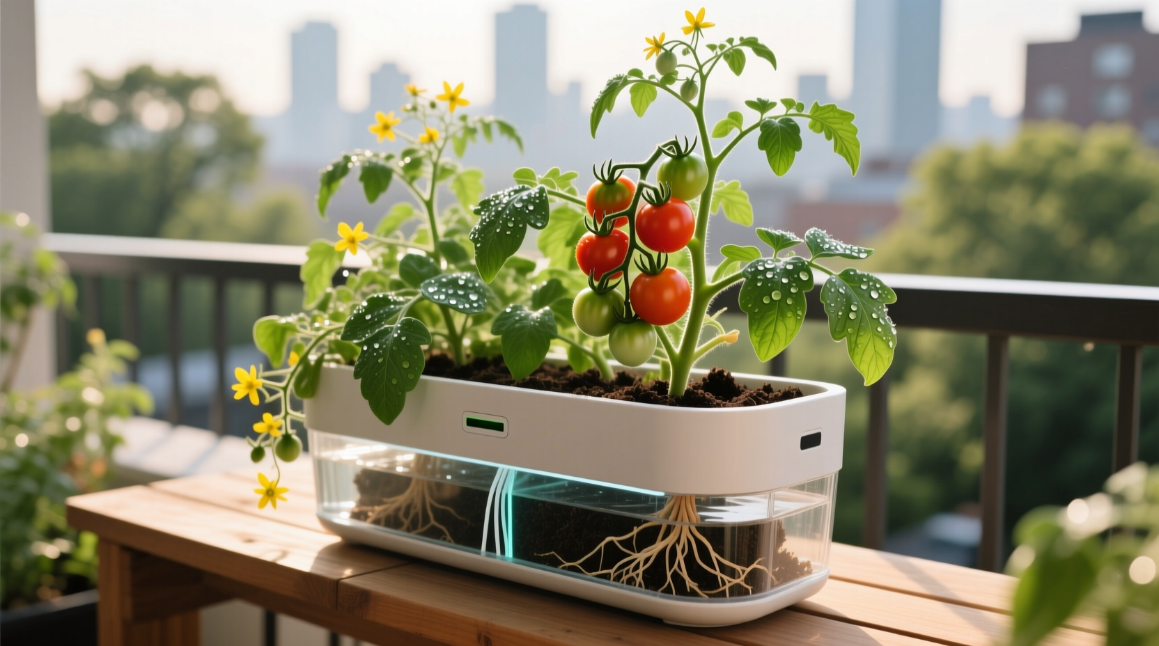 Self-watering tomato planter with growing plants