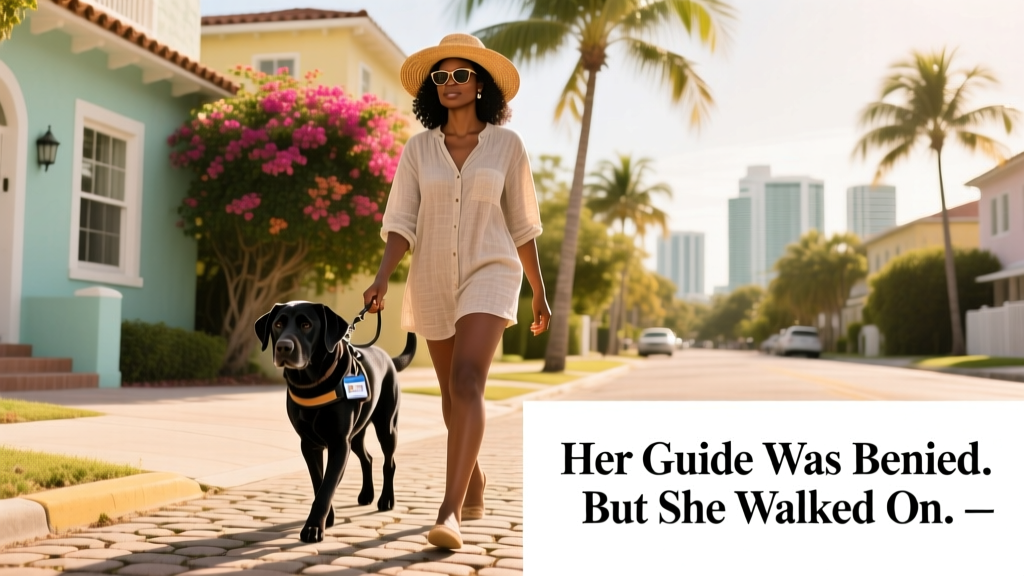 Robbie Carson-Esper walking confidently with her Black Labrador guide dog, Ted, in a sunny Miami neighborhood
