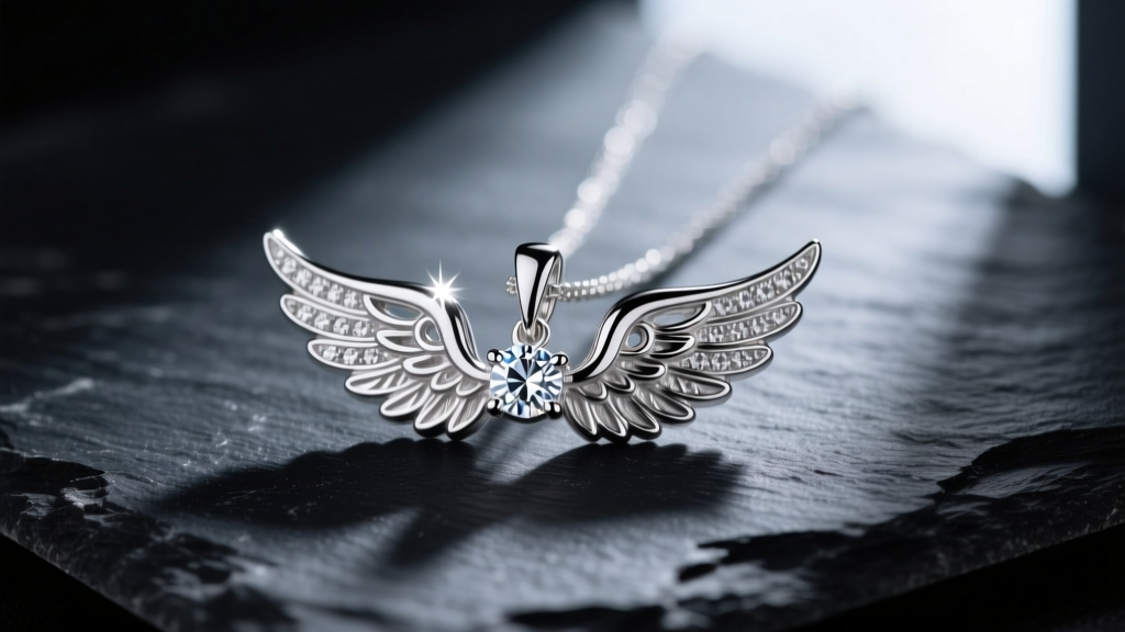 Macro shot of a 925 sterling silver angel wing pendant with a tiny cubic zirconia halo on dark slate with dramatic side light.