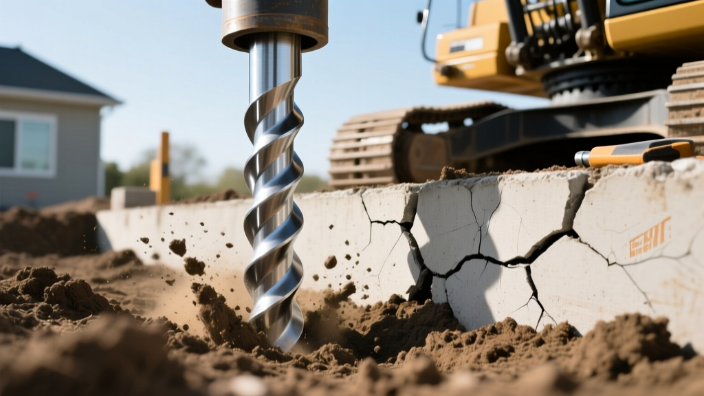 Steel helical piers being hydraulically driven into soil next to a cracked concrete footing during residential foundation repair