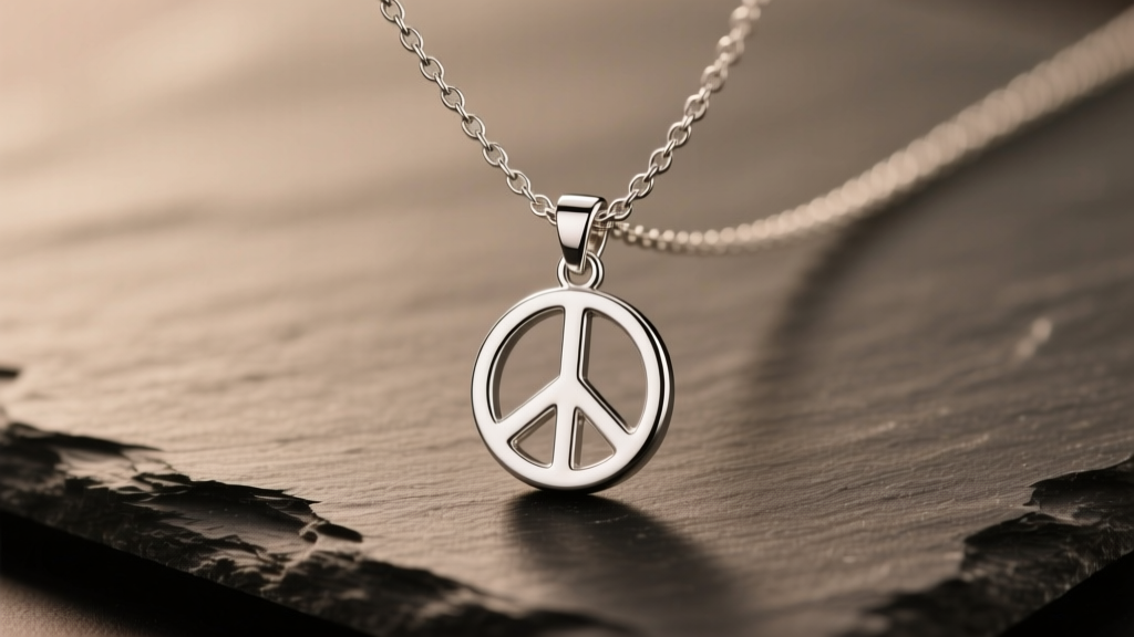 Sterling silver necklace with peace sign pendant on slate, focusing on the bail and chain connection under soft studio lighting