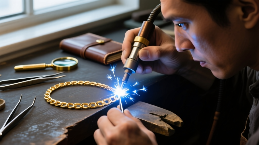 Jeweler using a laser welder to fix a broken link on a solid 14k gold necklace, bright spark illuminating the dark workbench.