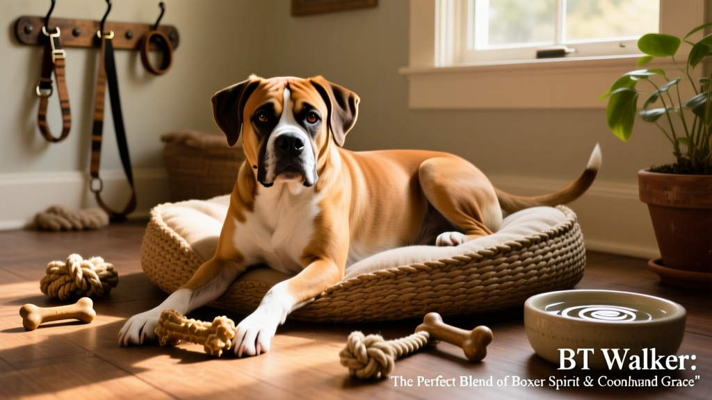 A relaxed BT Walker resting on a woven dog bed indoors, surrounded by chew toys and a water bowl