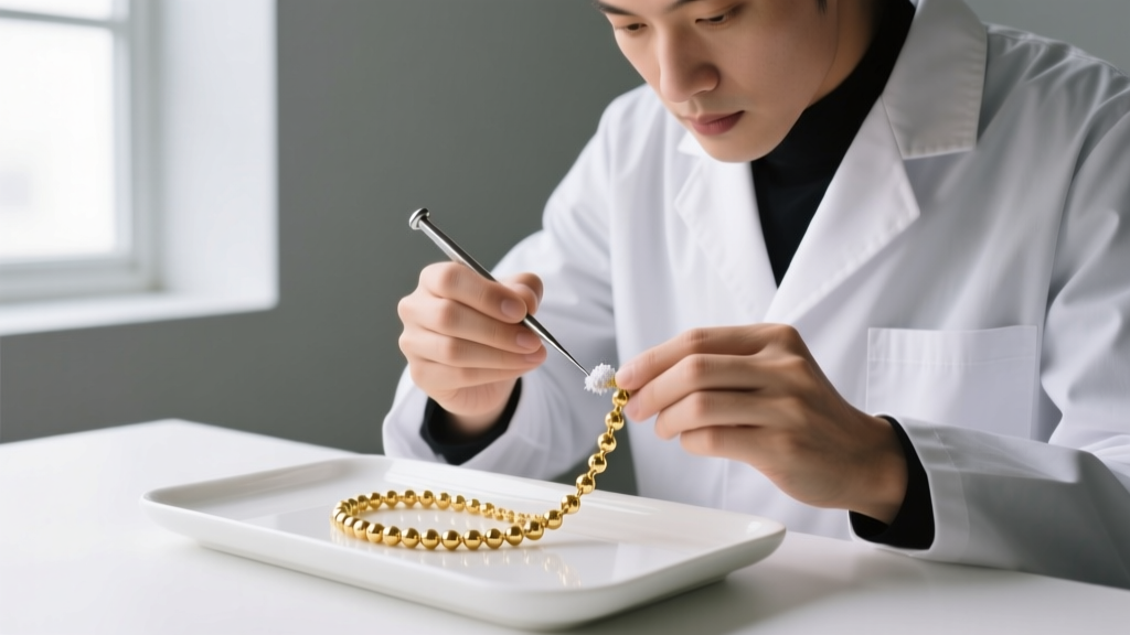 Jeweler using a fine needle and talc-free powder to gently untangle a delicate 18k gold ball chain on a white ceramic tray