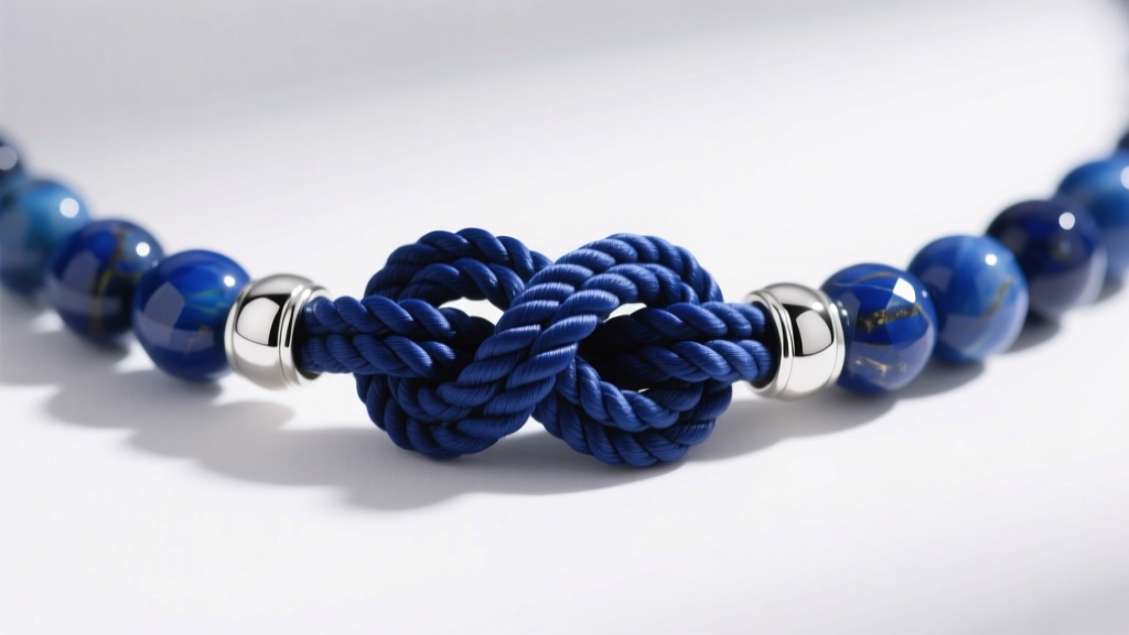 Close-up of a macrame sliding knot on a 4mm lapis lazuli mens beaded necklace, finished with small sterling silver end caps
