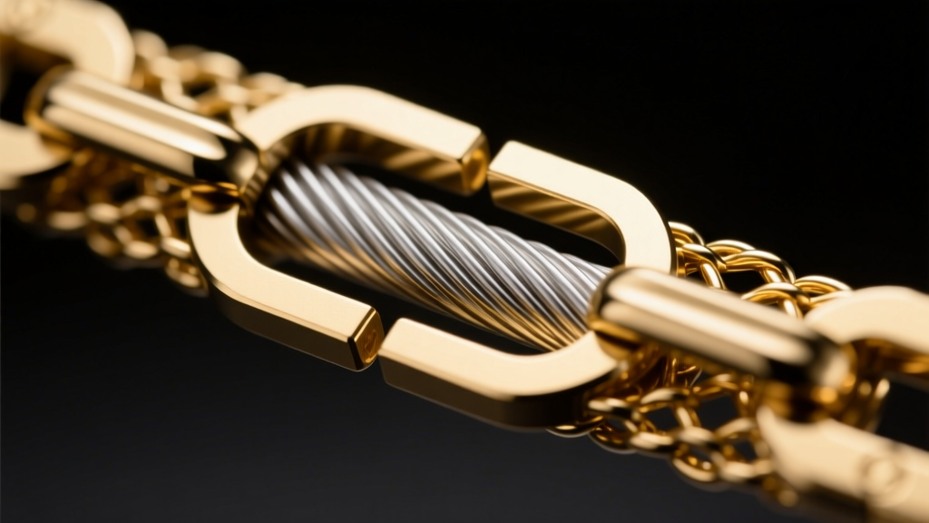 Detailed cross-section of the inner core wire and outer gold mesh of an omega chain, lit by soft directional studio lighting.