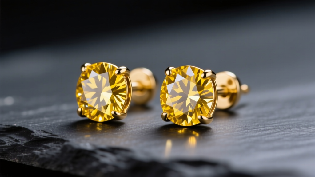 Close-up of 18k gold stud earrings with radiant-cut canary yellow diamonds resting on dark slate under soft studio lighting.