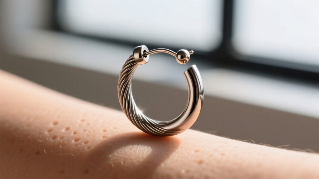 Close-up of a 20-gauge continuous wire titanium hoop earring, showing the tension-fit ball and socket closure against human skin.