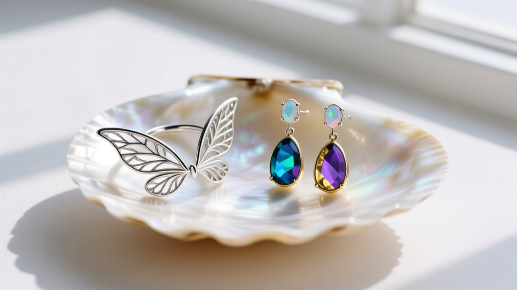Flat lay of sterling silver fairy wing ear cuffs and iridescent opal drop earrings resting on a pearlescent shell jewelry display.