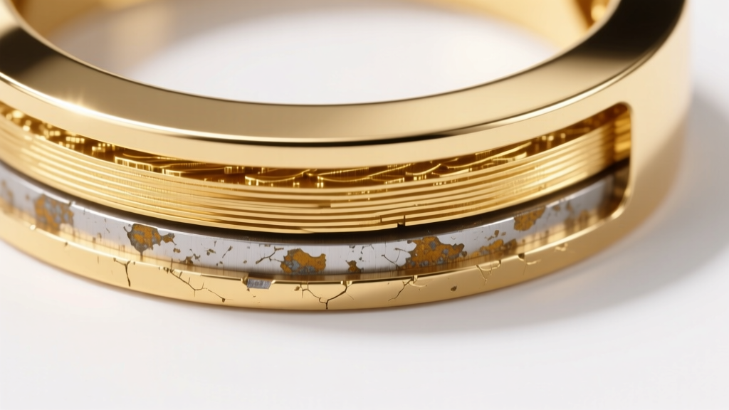 Diagram of a gold electroplated brass jewelry cross-section, highlighting microscopic micron layers and exposed base metal wear.