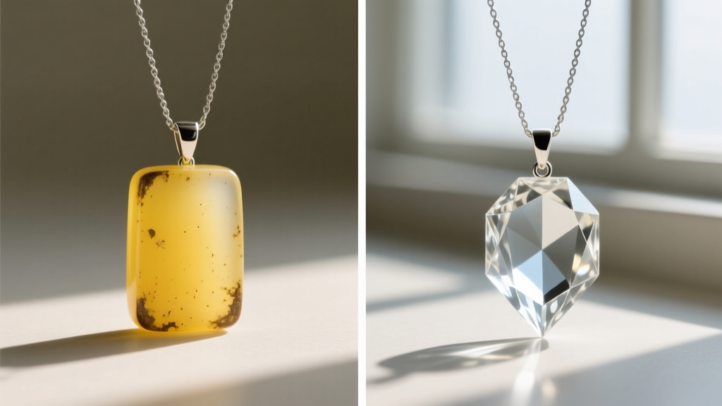 Split-screen showing a yellowed traditional epoxy resin pendant next to a crystal-clear UV-stabilized bio-resin pendant.