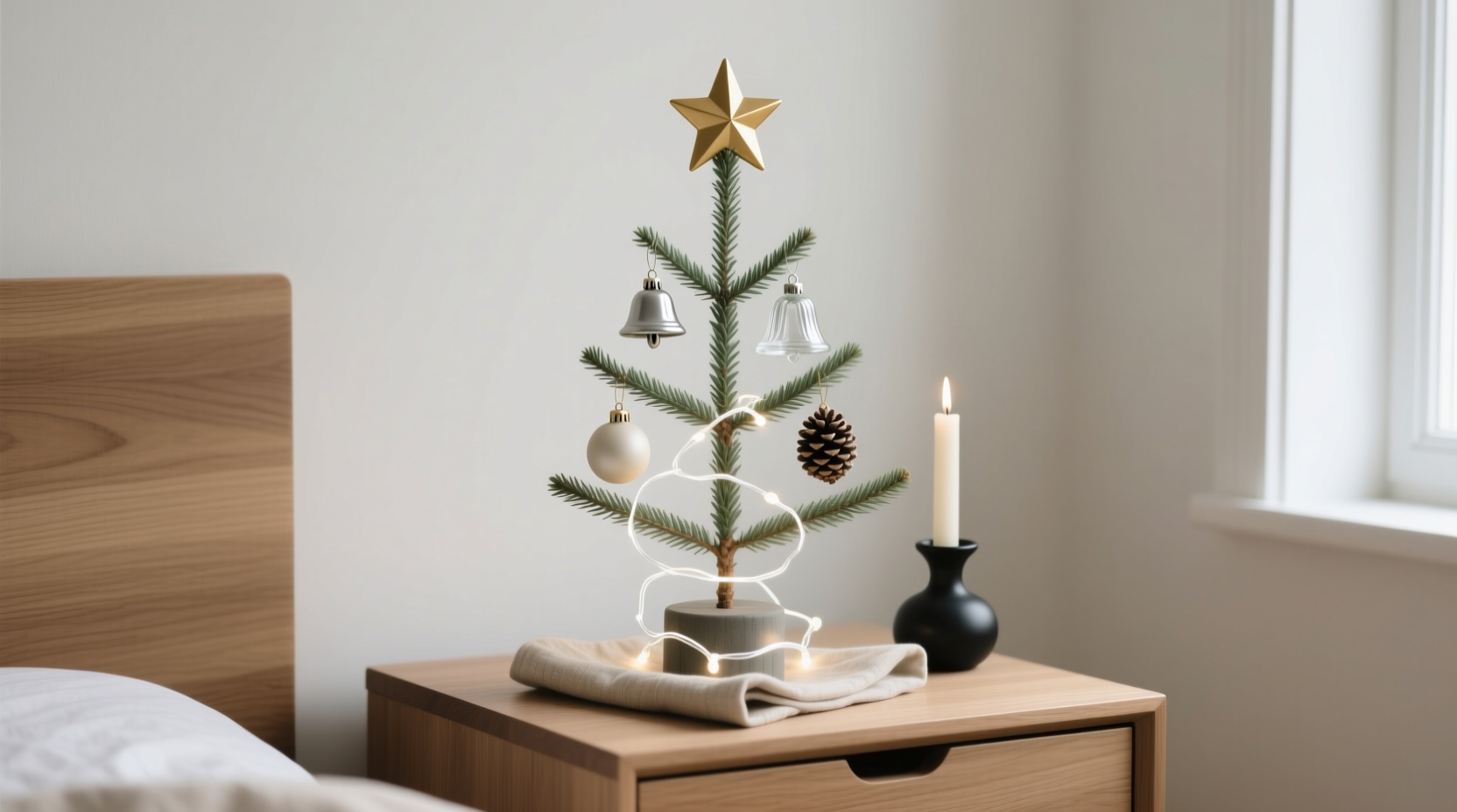 Minimalist mini Christmas tree on nightstand with warm lights and simple ornaments