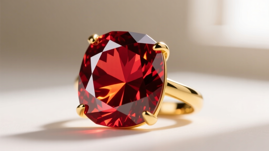 Macro photography of a faceted lab-created red corundum gemstone set in a 14k yellow gold bezel, mimicking a fantasy dragonstone.