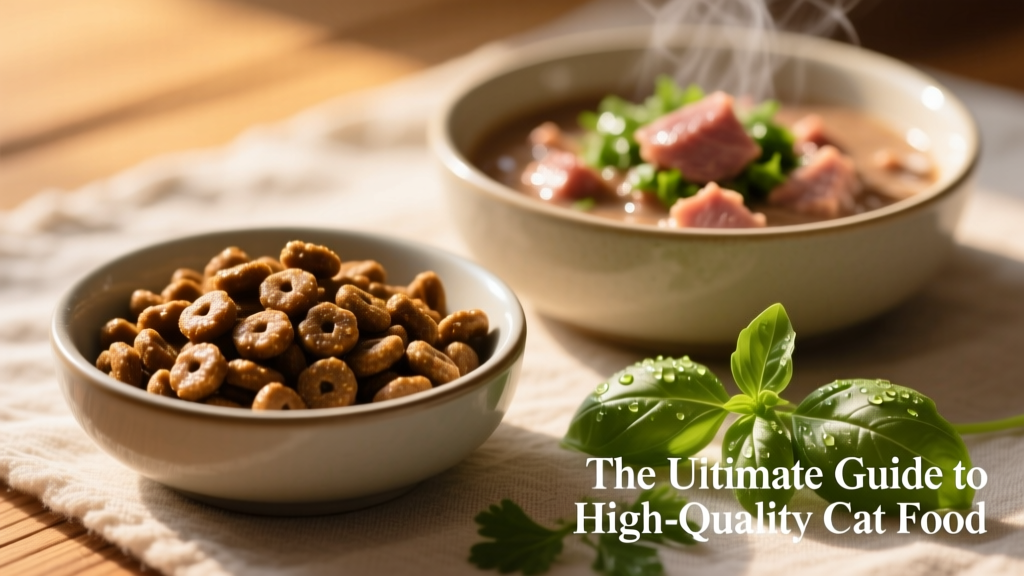 Close-up of a glossy, nutrient-rich kibble bowl beside a bowl of moist, meaty wet food, with fresh herbs sprinkled nearby