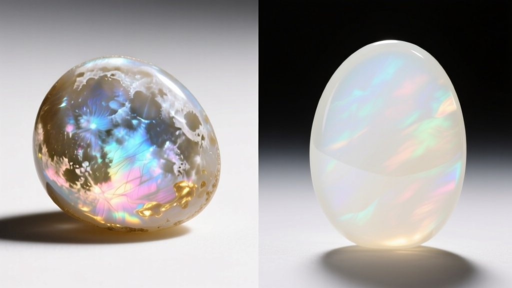 Side-by-side macro photo comparing internal adularescence of natural rainbow moonstone against the flat milky glow of opalite glass