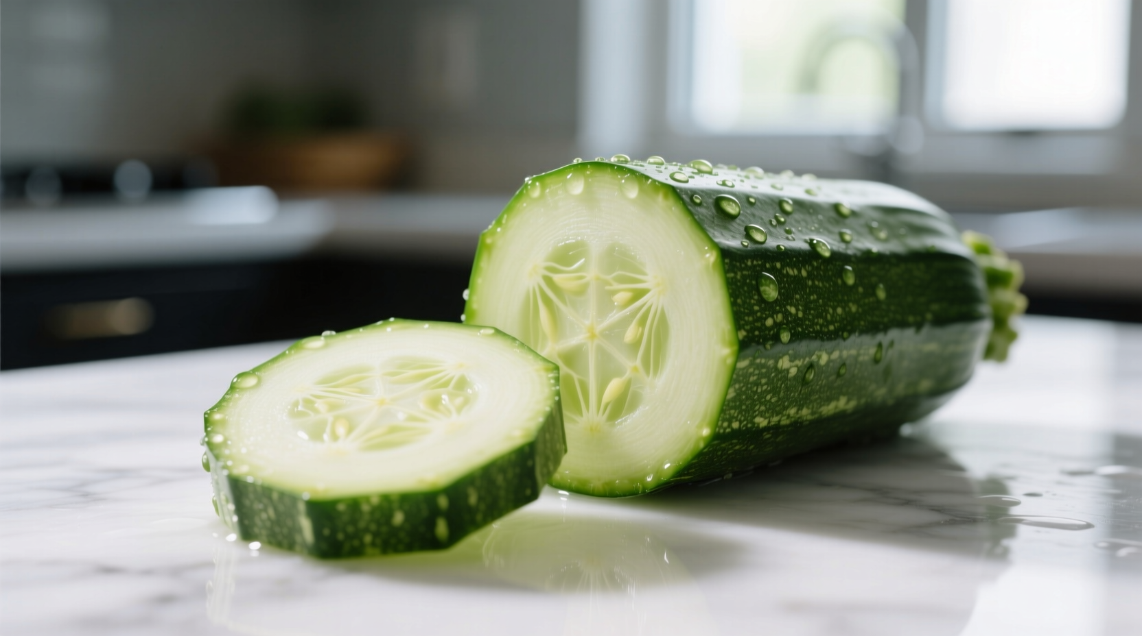 Freshly sliced zucchini showing pale green interior