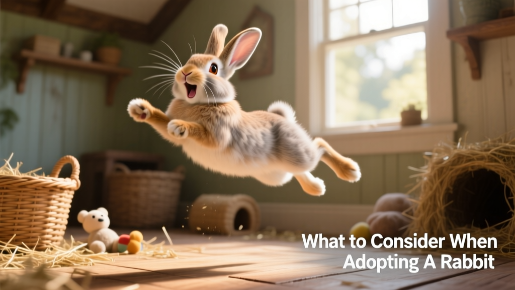 A relaxed rabbit mid-binky—leaping joyfully in the air with all four paws off the ground