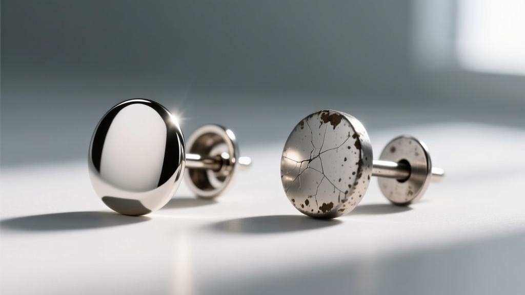 Macro photo of a polished titanium flat back earring post next to a dull, scratched, and pitted surgical steel post.
