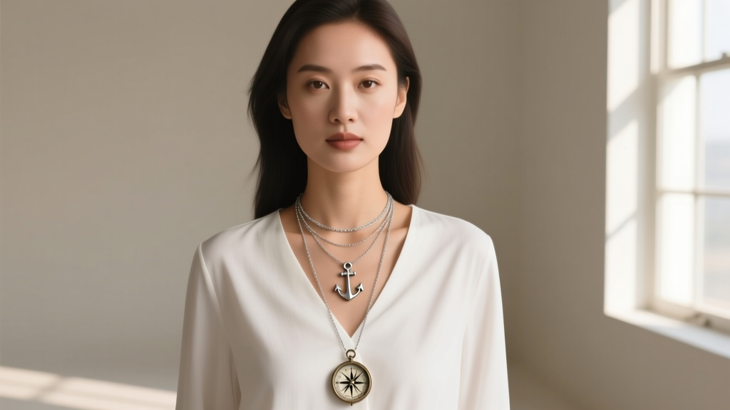 Woman wearing a layered necklace stack with a delicate silver anchor pendant and a compass charm over a crisp white V-neck shirt.
