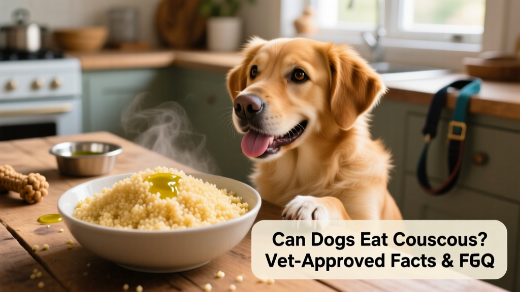 A bowl of plain, cooked couscous next to a happy dog looking curiously at it