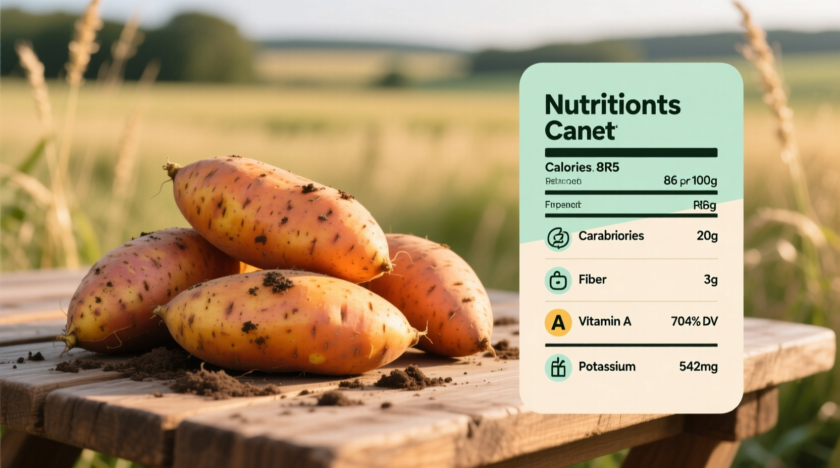 Fresh sweet potatoes with nutritional facts chart