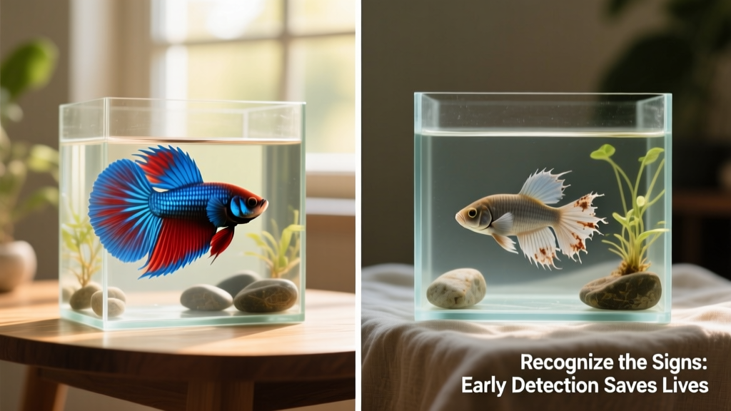 Side-by-side comparison: healthy betta with open, vibrant fins versus a sick betta with clamped, frayed fins and dull coloration