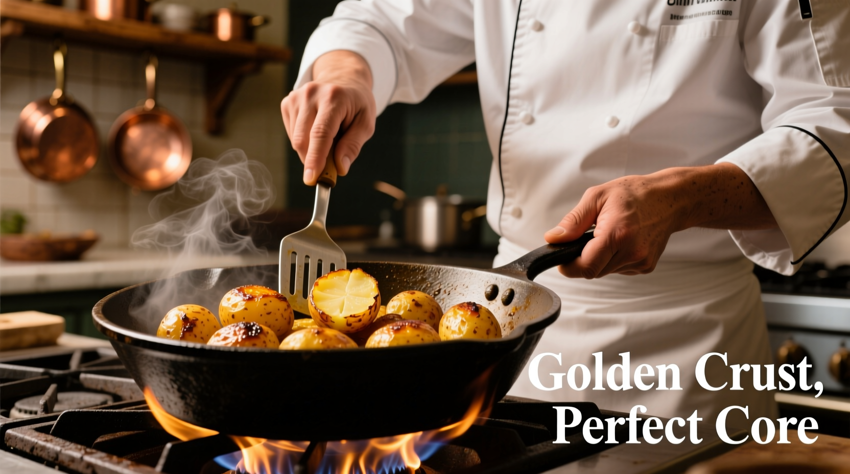 Chef preparing golden roasted potatoes in cast iron skillet